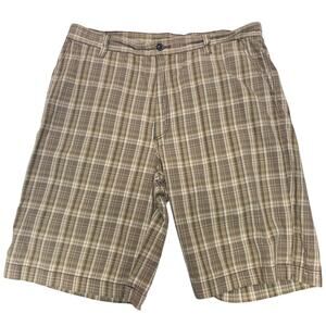 Reunion Mens Size 38 100% Cotton Brown Tan Plaid Long Bermuda Shorts w Pockets